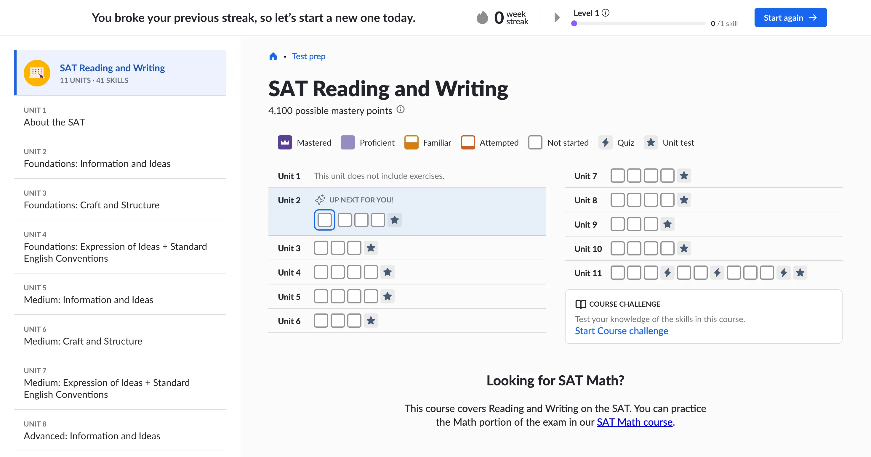 Khan Academy SAT practice dashboard showing the personalized recommendation feed and skill progress bars